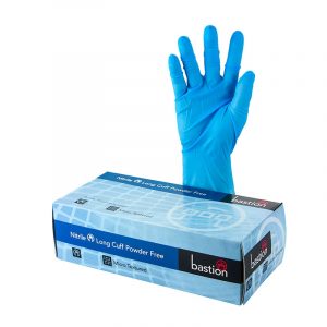 Bastion Blue Nitrile Gloves with long cuff. BAS-GNC-PFB